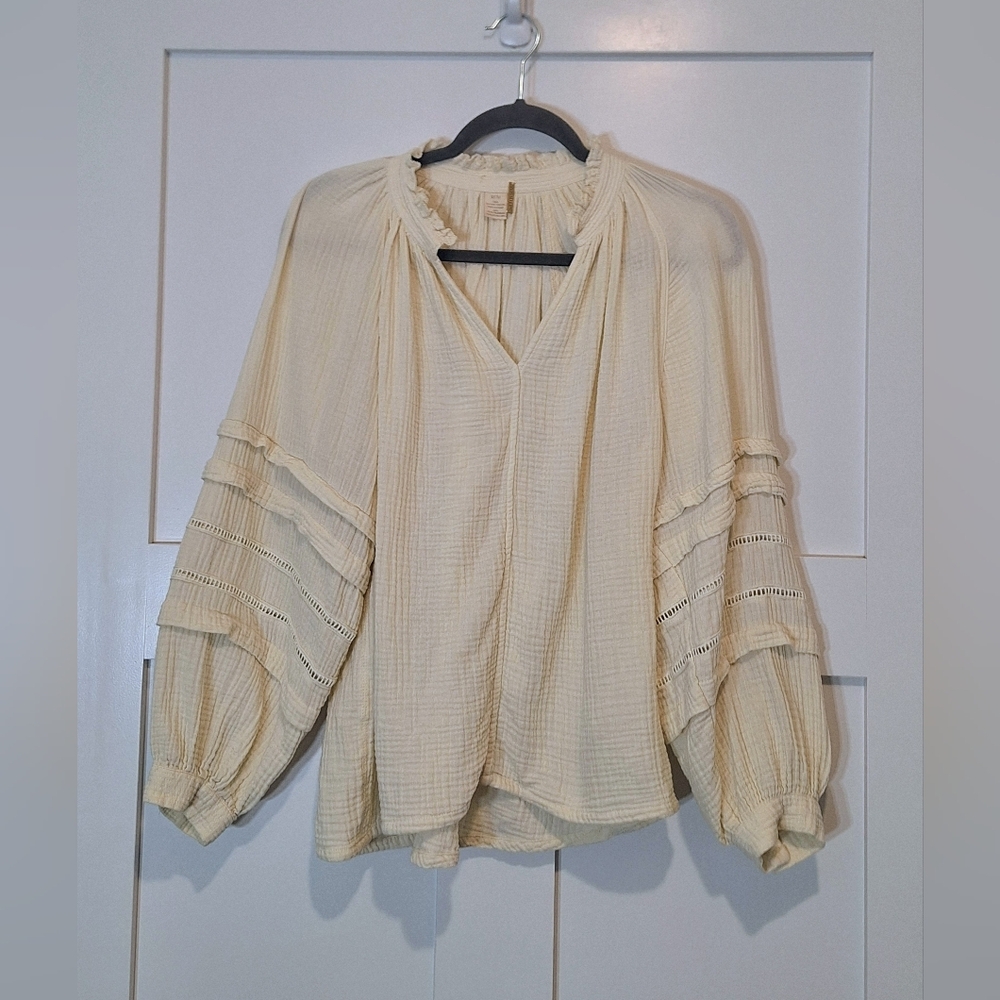 Magaschoni Organic Cotton Ruffled V Neck Oversized Quilted Waffle Texture Top M